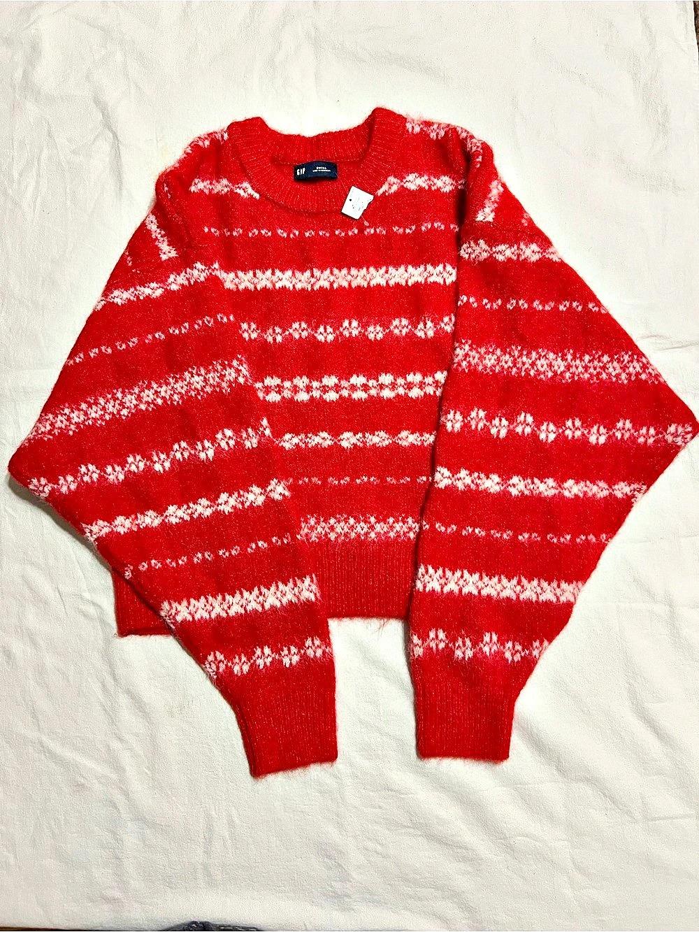 Gap Fuzzy Oversized Crewneck Sweater Fair Isle Sweater Red & White Small